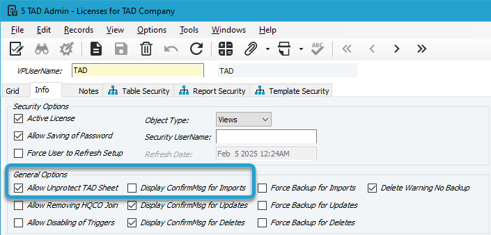 Adjust TAD License Options screenshot