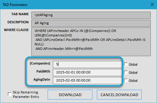 Initial Download and Parameters screenshot