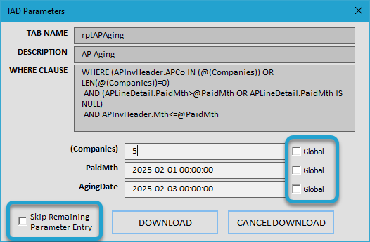 Initial Download and Parameters screenshot
