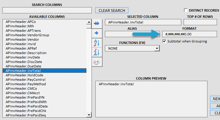 Applying Formats to Report Columns screenshot