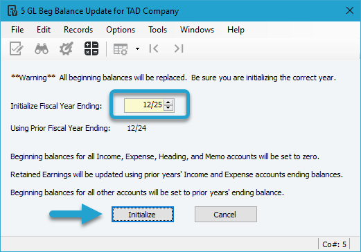 GL Beginning Balance Update screenshot