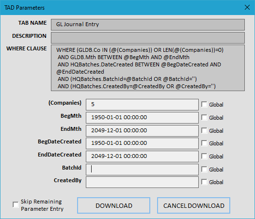 Parameters screenshot