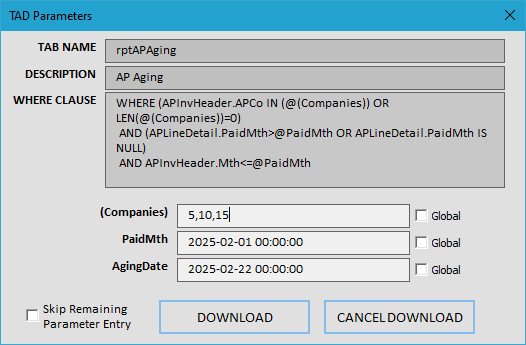 Parameters screenshot