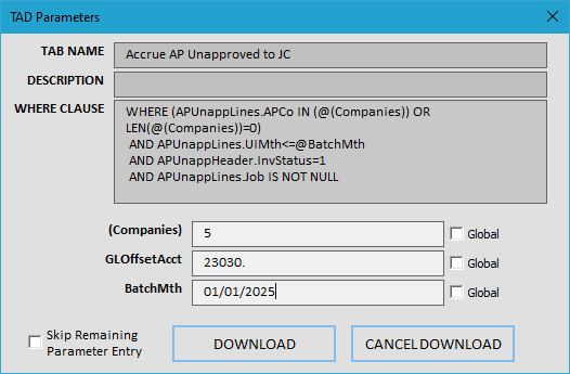 Parameters screenshot