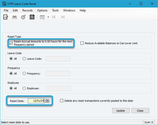 Reset Leave Accruals screenshot