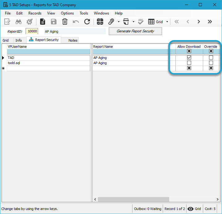 Report Security screenshot