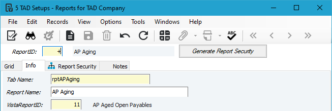 Add Report to Vista screenshot