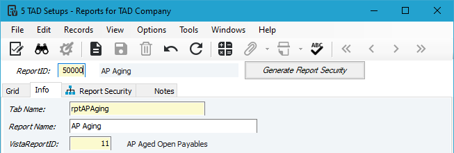 Add Report to Vista screenshot