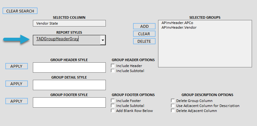 Add Report Design Groupings screenshot