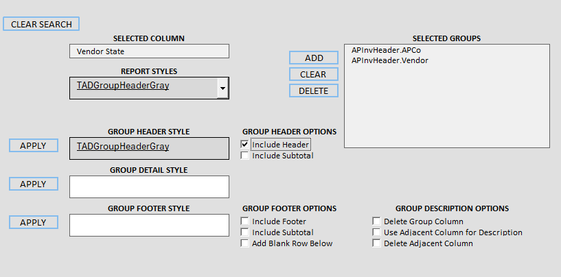 Add Report Design Groupings screenshot