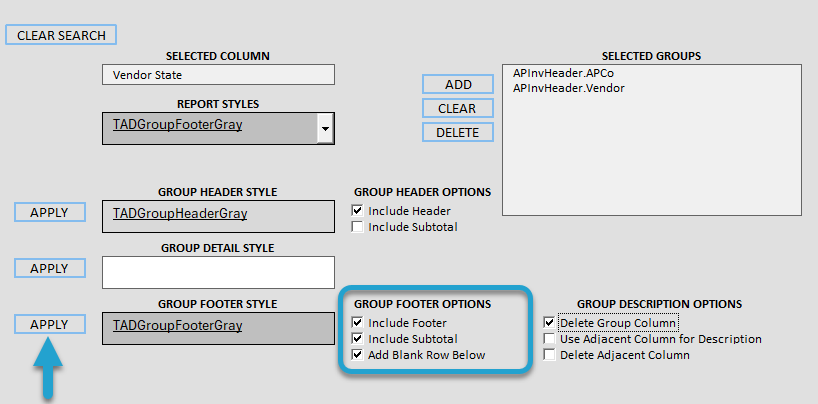 Add Report Design Groupings screenshot
