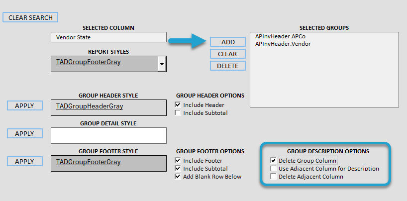Add Report Design Groupings screenshot