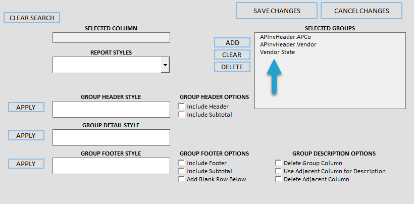 Add Report Design Groupings screenshot