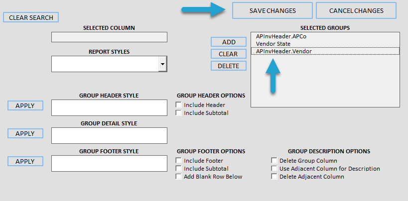 Add Report Design Groupings screenshot
