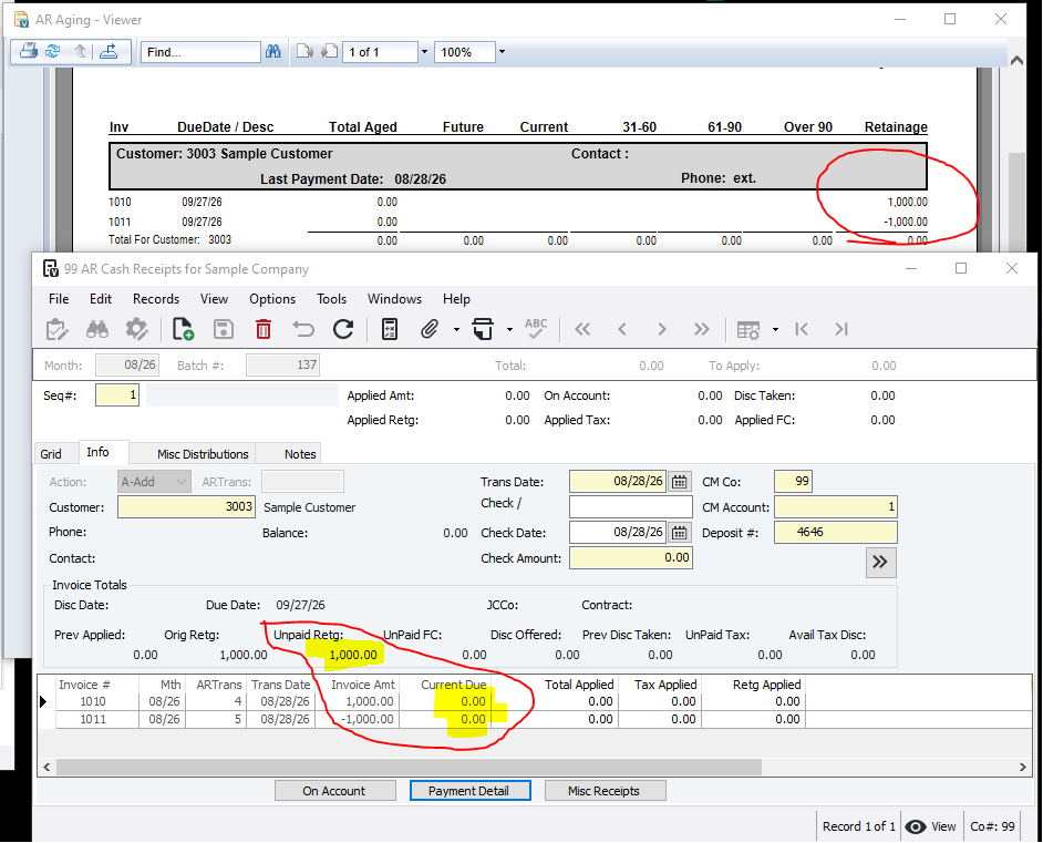 AR Aging and AR Cash Receipts showing net zero invoices with unpaid retainage
