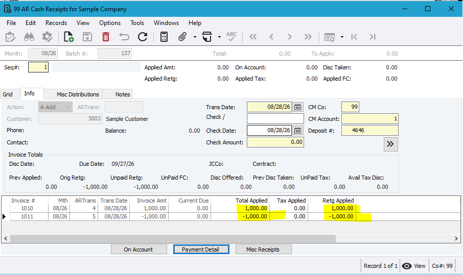 AR Cash Receipts after applying retainage