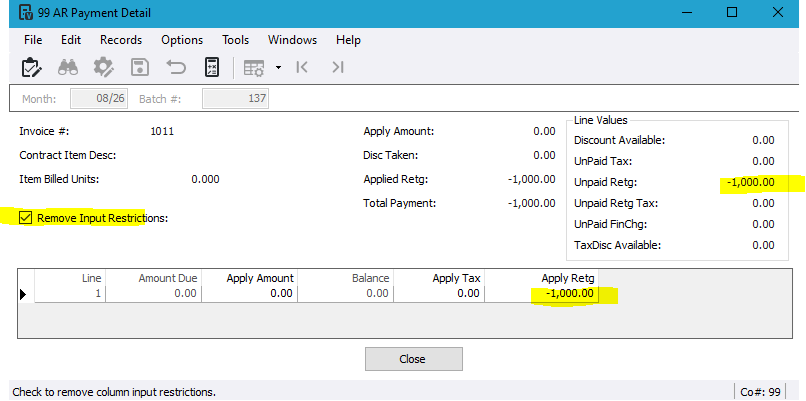 Payment Detail for negative retainage