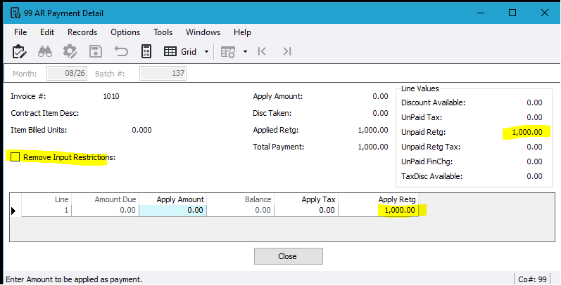 Payment Detail for positive retainage