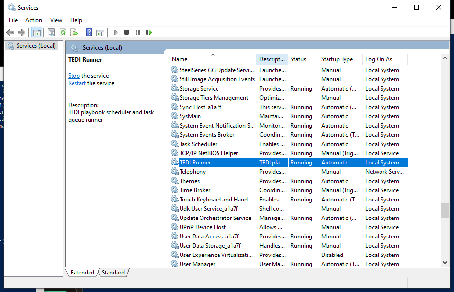 Windows Services showing TEDI Runner Running with Automatic startup