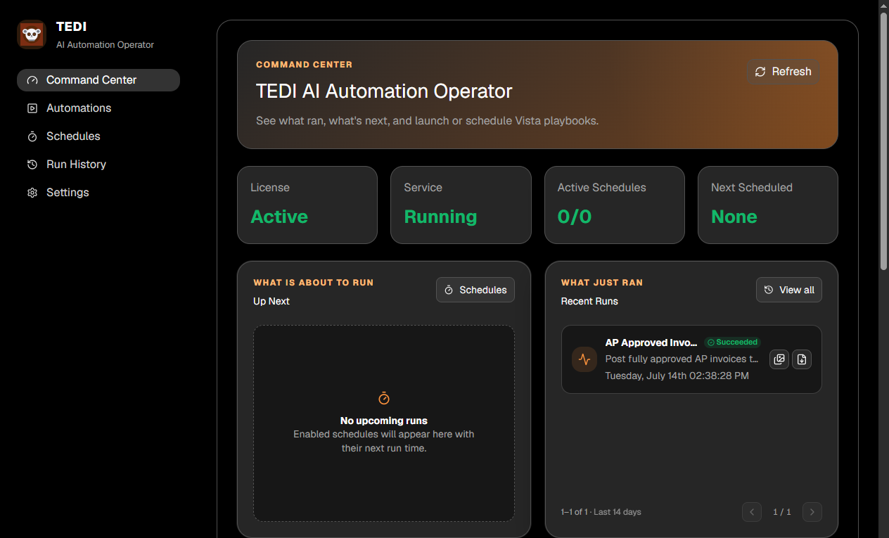 TEDI Command Center after install with left sidebar and License Active Schedules Active Runs metrics