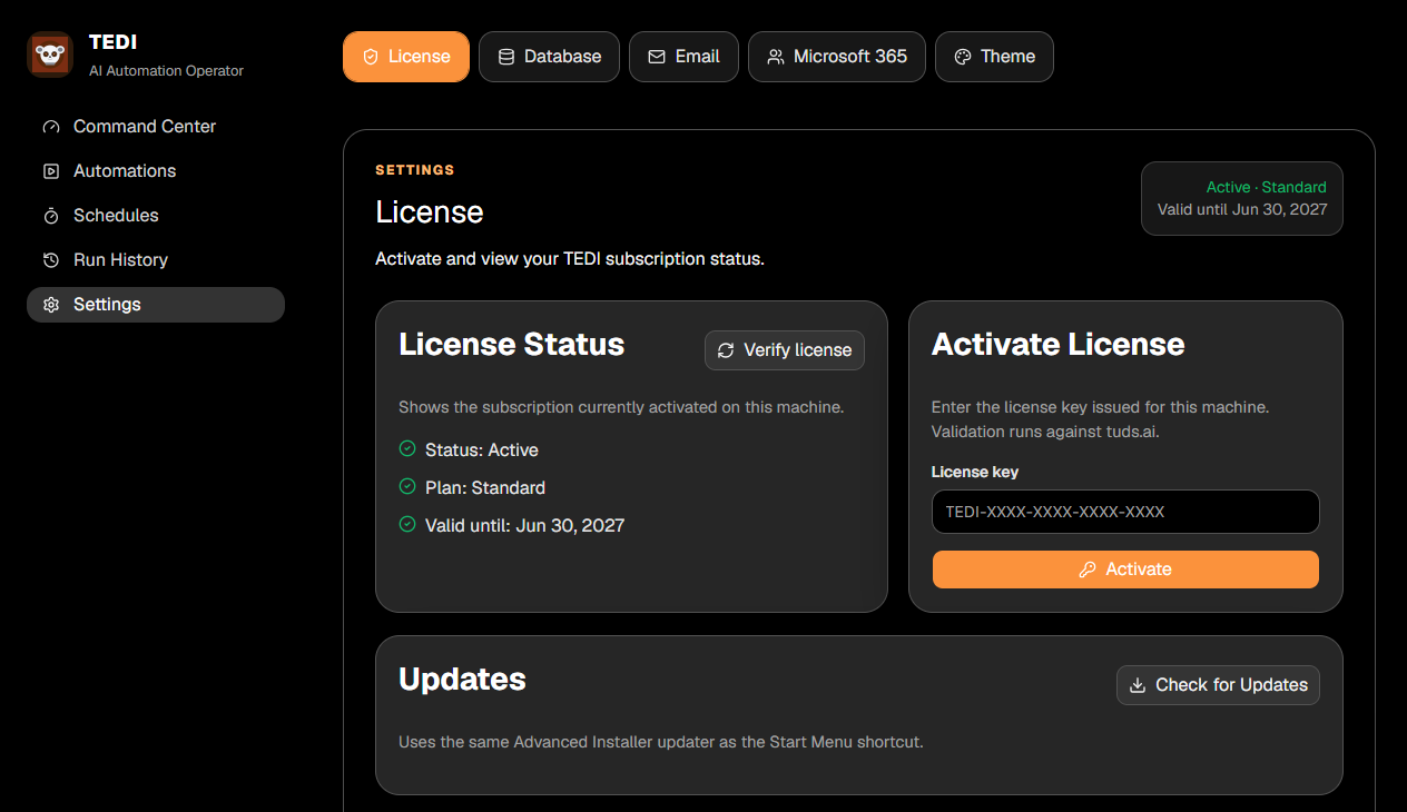 Settings License tab with License Status and Activate License panels