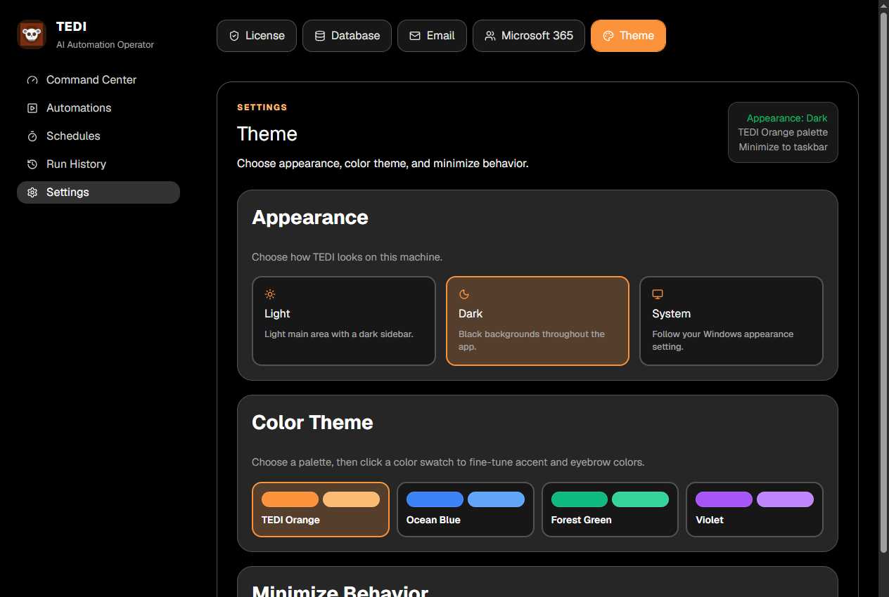 Settings Theme tab showing Minimize to tray and Close options